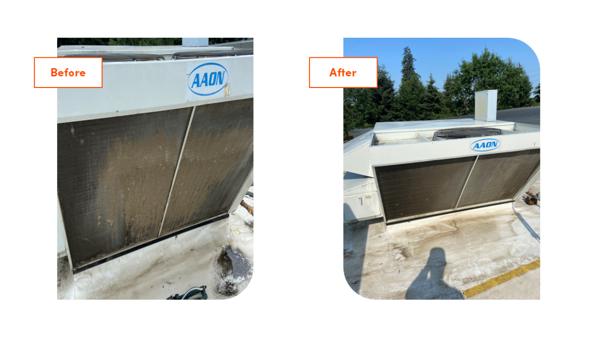 This image shows before and after cleaning of a AAON AHU, which is an essential part of HVAC maintenance services for healthy buildings. Southland's service and maintenance plans can include work on AHUs.