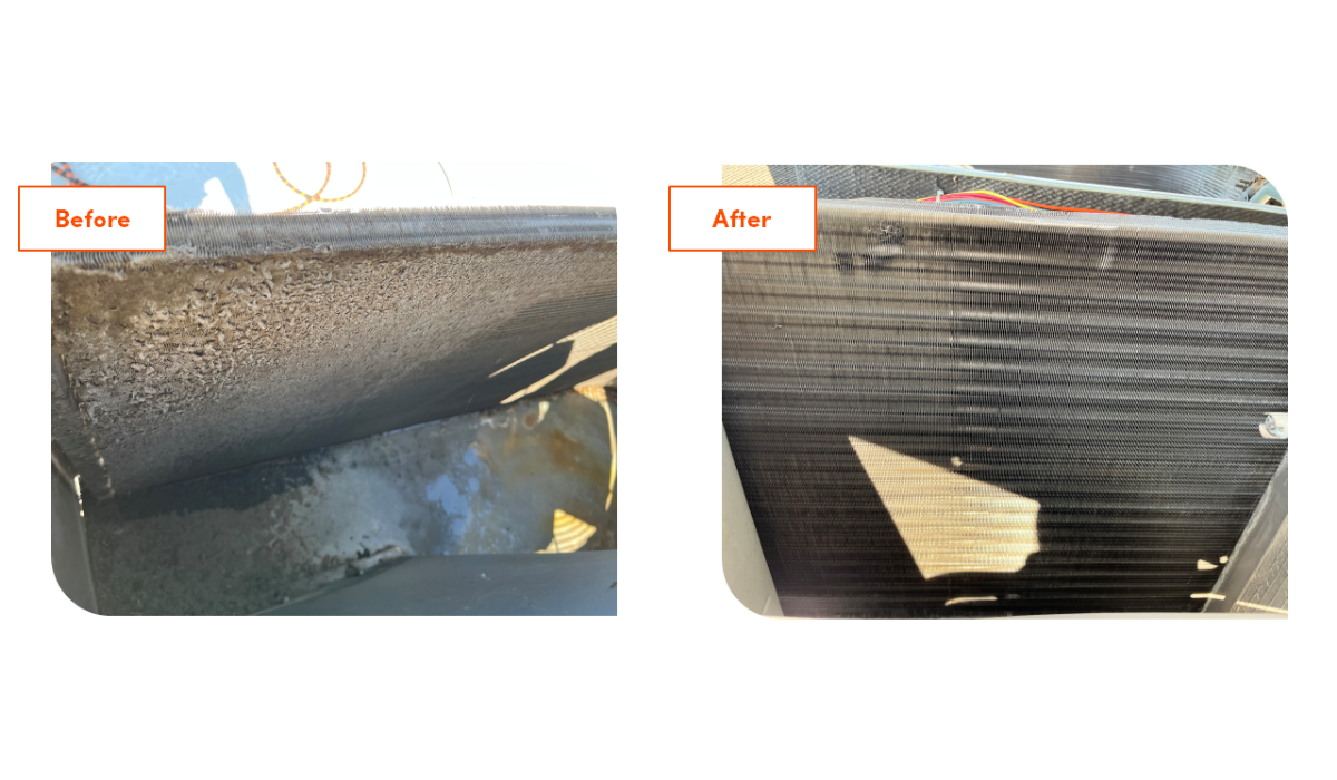 This image shows before and after cleaning of an evaporator coil, which is an essential part of HVAC maintenance services for healthy buildings. Southland's service and maintenance plans can include work on evaporator coils..